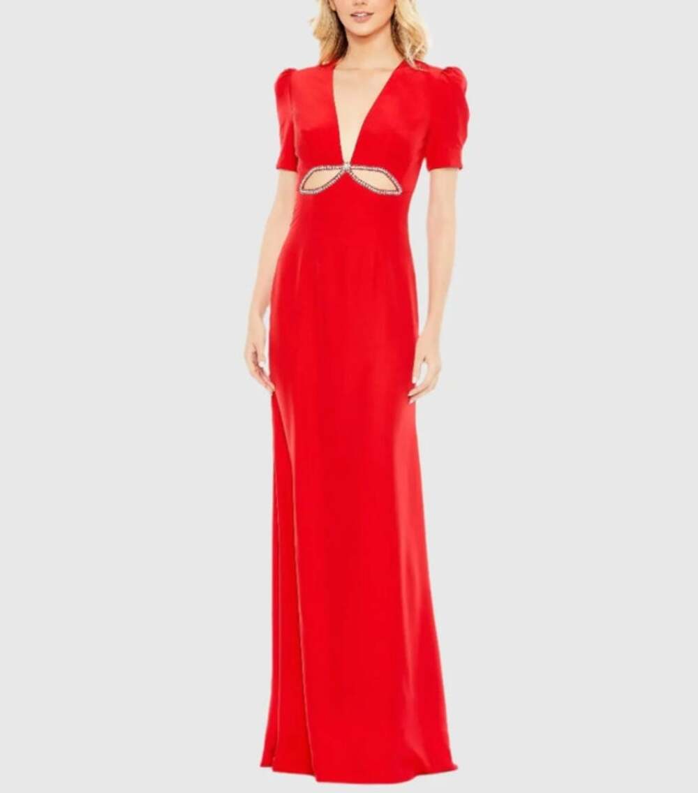 Ieena Mac Duggal Plunge Neck Puff Sleeve Cut Out Gown Red